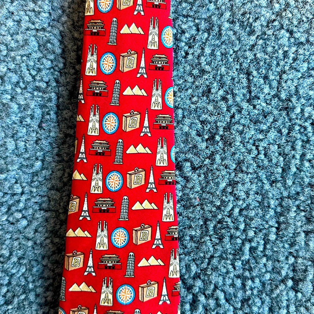 Vineyard Vines tie young man silk travel Pisa Eiffel Tower red compass pyramid